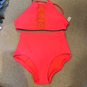 NWOT AERIE fluorescent orange high waist bikini size S/M
